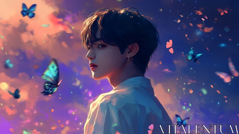 Soft twilight gaze meets drifting butterflies in gentle magic