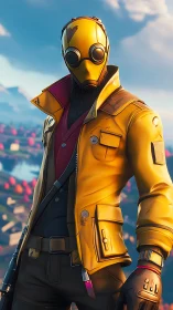 Bold masked adventurer in a bright yellow jacket stands tall.