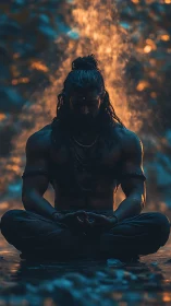 Mystic yogi silhouette before cascading golden waterfall.