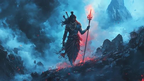 Digital fantasy warrior with trident in volcanic stormscape.