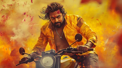 Motorcyclist in yellow jacket against blurred warm backdrop.