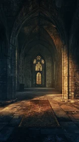 Gothic nave interior with stained glass and localized warm volumetric light