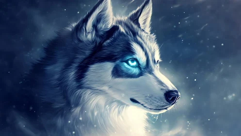 Luminous eyed winter wolf drifting through aurora frost.