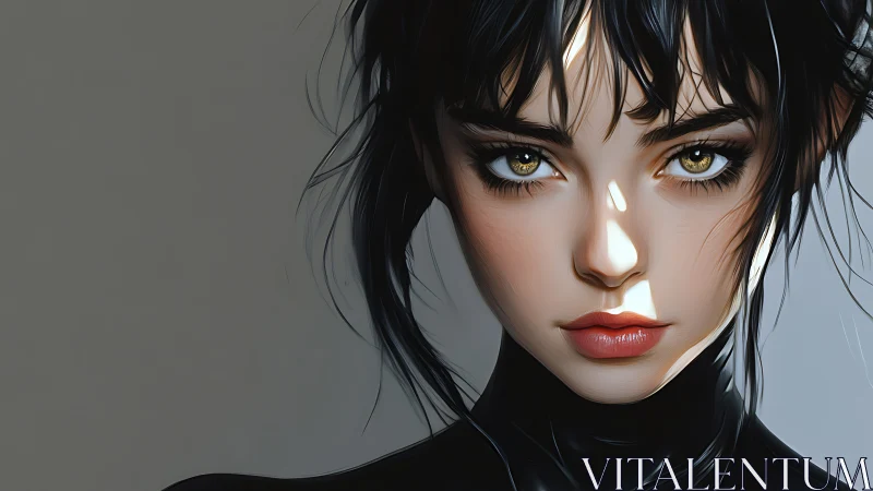 Shadow-sliced gaze of a midnight muse in obsidian turtleneck.