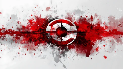 Circular crest shatters outward in a storm of red paint