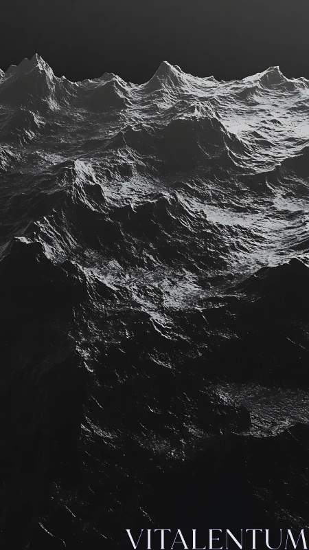 Monochrome digital seascape of dark, sculpted waves.