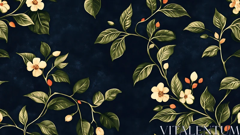 Botanical Illustration with Cream Blossoms, Olive Foliage on Midnight Background