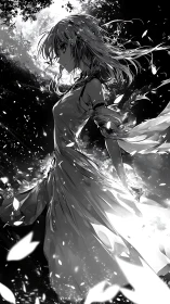 Solitary anime heroine in moonlit storm of drifting petals.