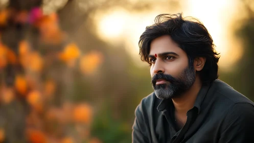 Thoughtful man with gray beard in warm sunset light.