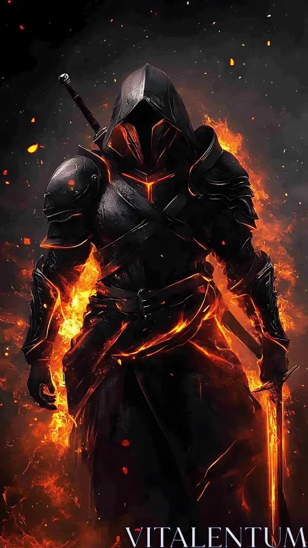 Hooded fiery knight in black armor holding a burning sword.
