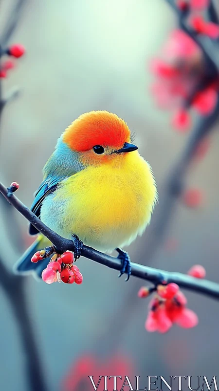 Colorful small bird perches on flowering branch in profile