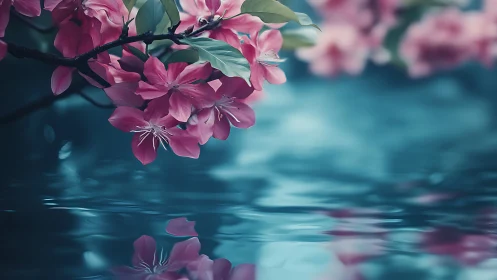 Pink flowers gracefully arch over serene turquoise water.
