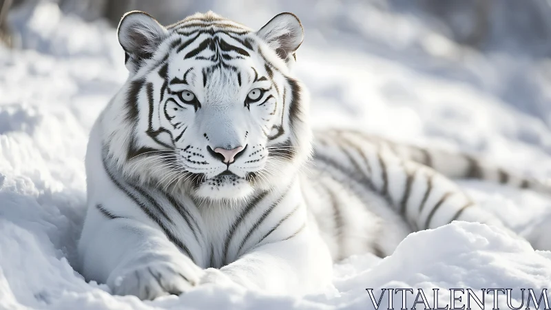 White tiger resting in sunlit snow, intense icy gaze poised.