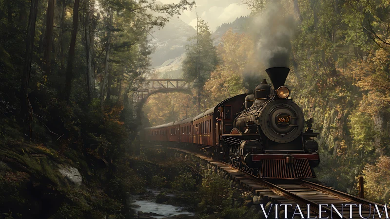 Steam locomotive crossing forest gorge in golden light.