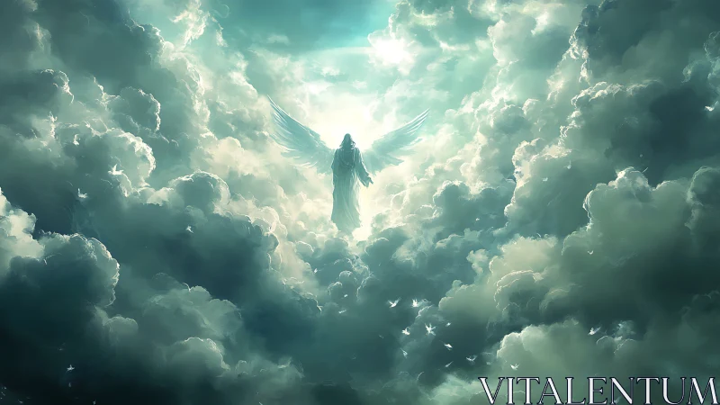 Celestial winged figure emerging through luminous storm clouds.