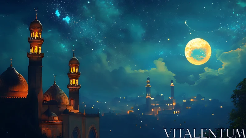 Moonlit mosque skyline under deep blue starry night.