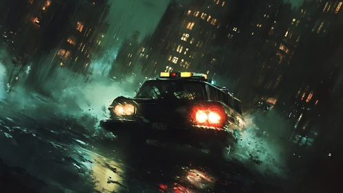 Noir taxi skidding through rain-saturated cybernetic avenue.