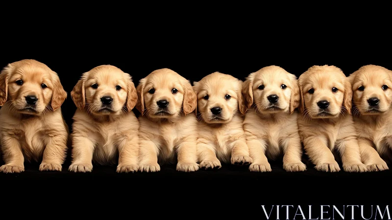 Golden retriever puppies sit in perfect row on black backdrop