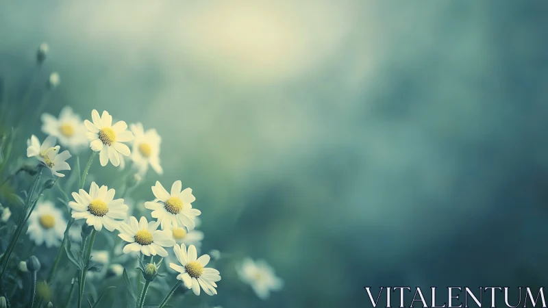 Pale yellow daisies bloom softly in hazy spring garden