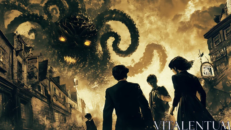 Giant tentacled monster looms over four people in ruined street