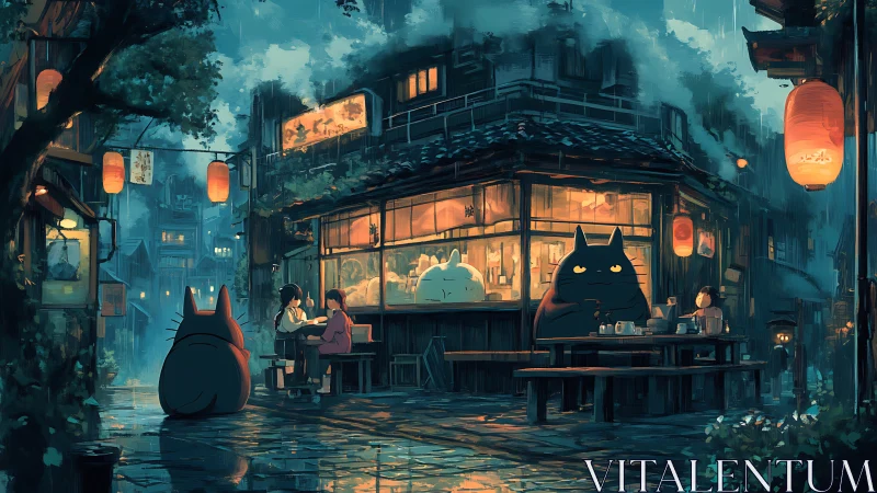 Rainy alley ramen shop with lantern-lit yokai patrons at night