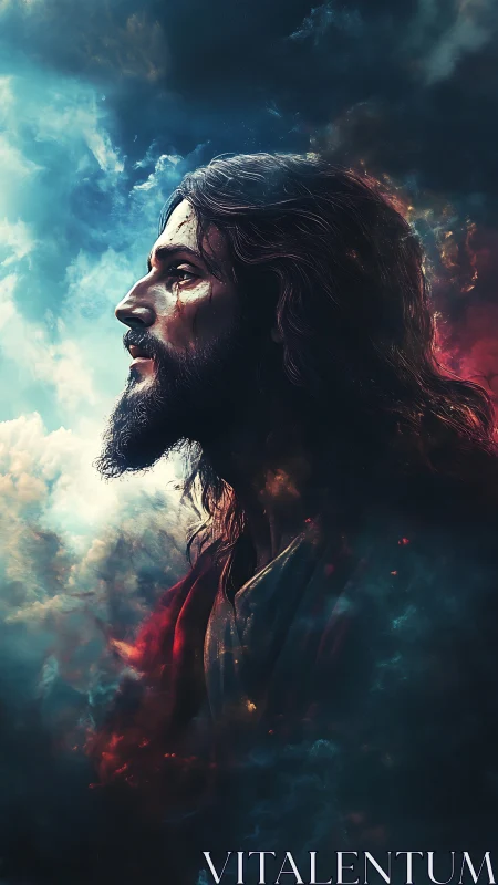 Stormlit savior in burning twilight clouds, quietly resolute.