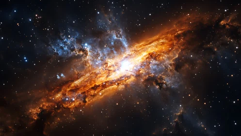 Spiral galaxy core erupts with golden star-forming clouds.