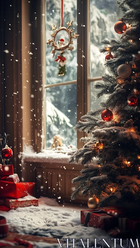 Snowy Christmas tree by window with glowing ornaments.