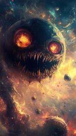 Cosmic fire-mouth drifts through a stormy, haunted galaxy.