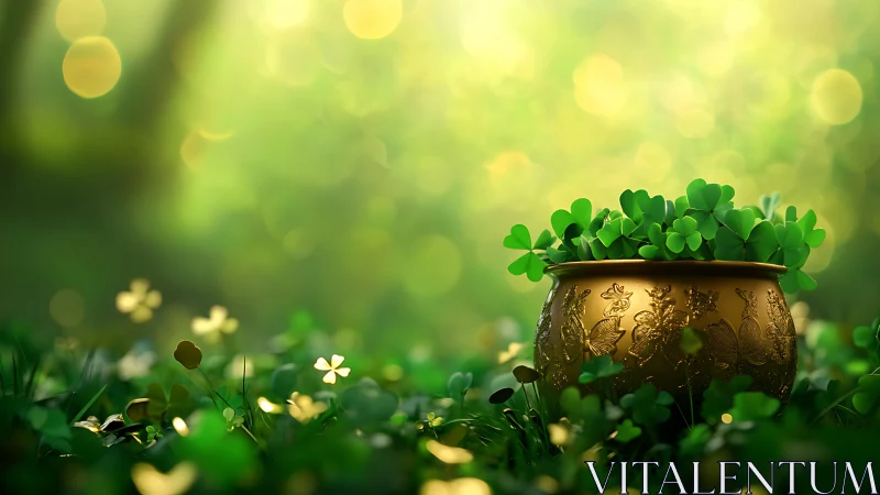 Golden clover pot glows softly in a dreamy spring meadow.