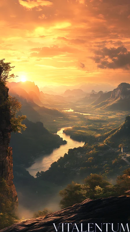 Golden hour river valley with atmospheric mountain ridges