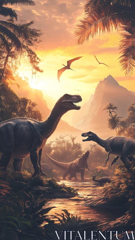 Sunlit Jurassic valley with multiple dinosaurs in layered depth