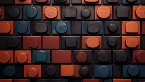 Geometric wall of colored blocks with raised circular pads.