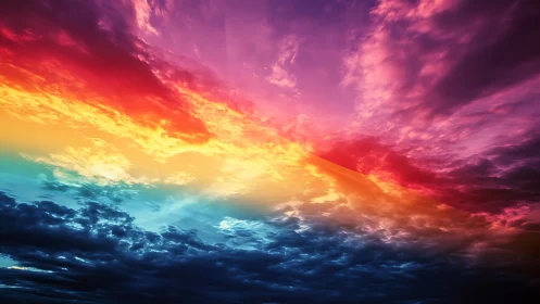 Radiant multicolored sky glows above dramatic storm clouds