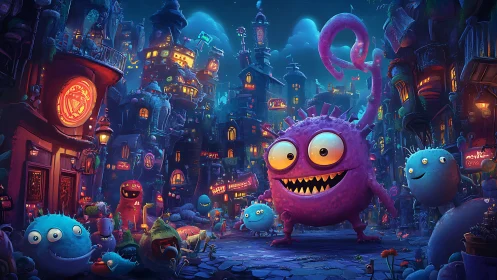 Purple spiky monster walks through crowded neon monster city