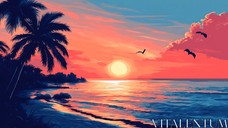 Sunset tide glows beneath palm silhouettes and drifting birds.