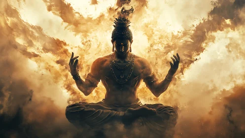 Buddha statue silhouette sits in lotus within swirling fire