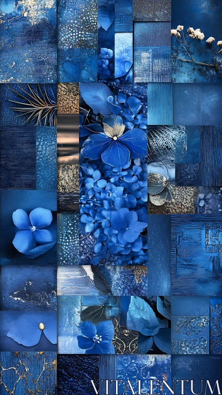 Monochrome cobalt floral mosaic with textured abstract panels