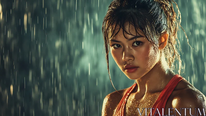 Intense athletic portrait under dramatic studio rain.