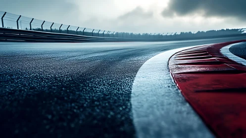 Wet racing circuit corner captures slick reflective surface