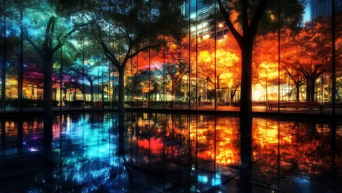 City plaza trees cast neon reflections across glass terrace