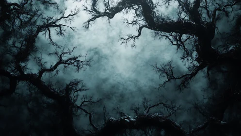 Interlocking barren tree branches encircling overcast sky.