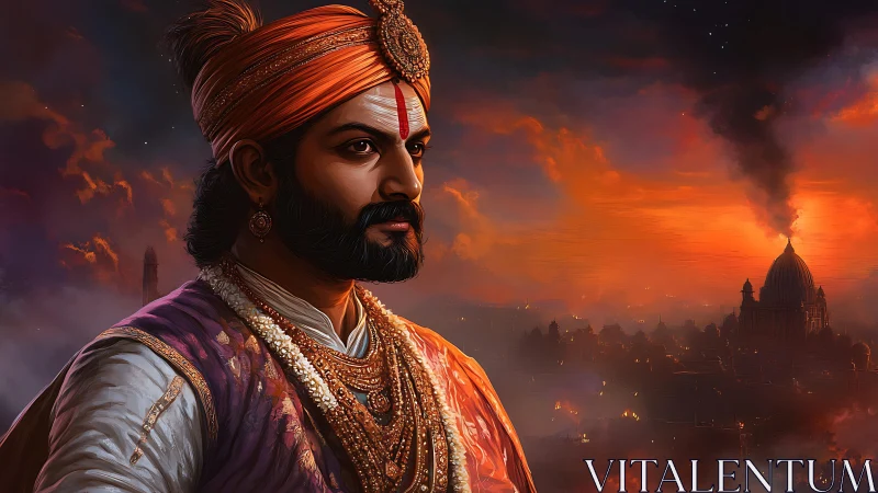 Regal warrior in turban before burning city at dusk.