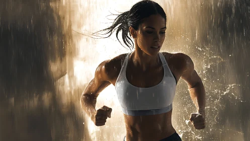 Stormlit sprint runner carving fire through silver rain.