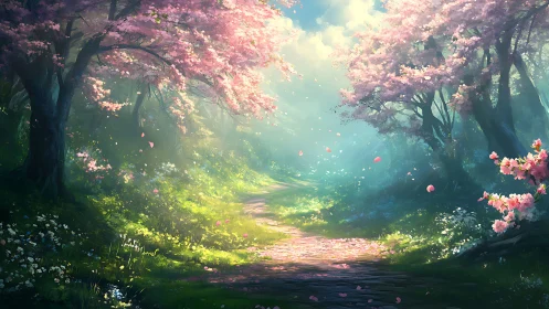 Luminescent Cherry Blossom Grove with Soft Sunlight Filtering Through Canopy.