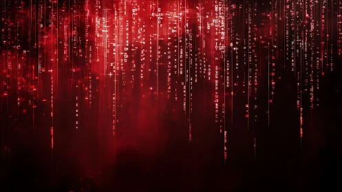 Red digital data rain over dark cyber grid background.