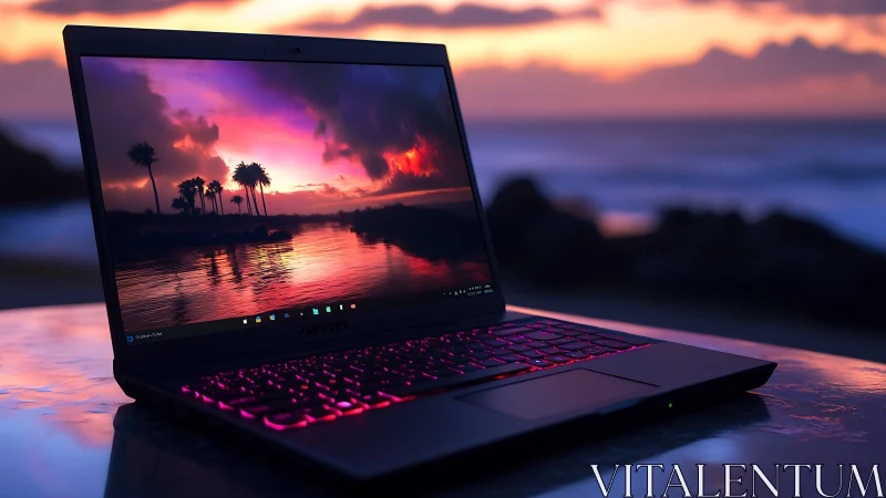 Laptop display glows against vivid tropical sunset horizon.