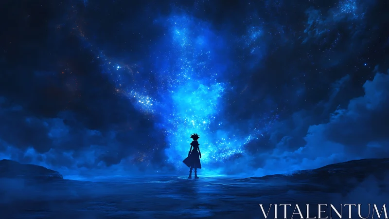 Silhouette stands before luminous blue cosmic sky portal