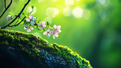 Delicate white blossoms on moss-covered branch with bokeh background rendering