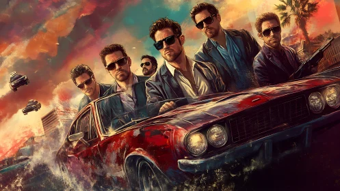 Neo-noir heist crew framed in dynamic coastal car pursuit